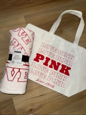 PINK White Tote & Beach Towel Set - Red Logo brand new